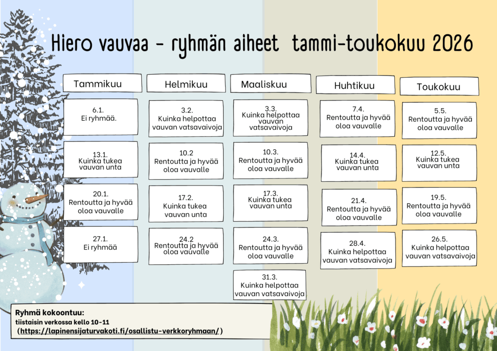 Hiero vauvaa -ryhmän viikoittaiset aiheetTammikuu
13.1.2026 Kuinka tukea vauvan unta
20.1.2026 Rentoutta ja hyvää oloa vauvalle vauvahieronnalla
27.1.2026 Ei ryhmää.Helmikuu
3.2.2026 Kuinka helpottaa vauvan vatsavaivoja vauvahieronnalla
10.2.2026 Rentoutta ja hyvää oloa vauvalle vauvahieronnalla
17.2.2026 Kuinka tukea vauvan unta vauvahieronnalla
24.2.2026 Rentoutta ja hyvää oloa vauvalle vauvahieronnallaMaaliskuu
3.3.2026 Kuinka helpottaa vauvan vatsavaivoja vauvahieronnalla
10.3.2026 Rentoutta ja hyvää oloa vauvalle vauvahieronnalla
17.3.2026 Kuinka tukea vauvan unta vauvahieronnalla
24.3.2026 Rentoutta ja hyvää oloa vauvalle vauvahieronnalla
31.3.2026 Kuinka helpottaa vauvan vatsavaivoja vauvahieronnalla.Huhtikuu
7.4.2026 Rentoutta ja hyvää oloa vauvalle vauvahieronnalla
14.4.2026 Kuinka tukea vauvan unta vauvahieronnalla
21.4.2026 Rentoutta ja hyvää oloa vauvalle vauvahieronnalla
28.4.2026 Kuinka helpottaa vauvan vatsavaivoja vauvahieronnallaToukokuu
5.5.2026 Rentoutta ja hyvää oloa vauvalle vauvahieronnalla
12.5.2026 Kuinka tukea vauvan unta vauvahieronnalla
19.5.2026 Rentoutta ja hyvää oloa vauvalle vauvahieronnalla
26.5.2026 Kuinka helpottaa vauvan vatsavaivoja vauvahieronnalla